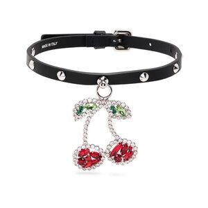 Alessandra Rich Cherry Charm Sparkle Studded Leather Choker EUC